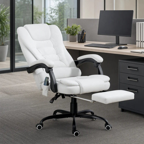 7-Point Vibrating Massage Chair, Reclining Office Chair With Footrest, White