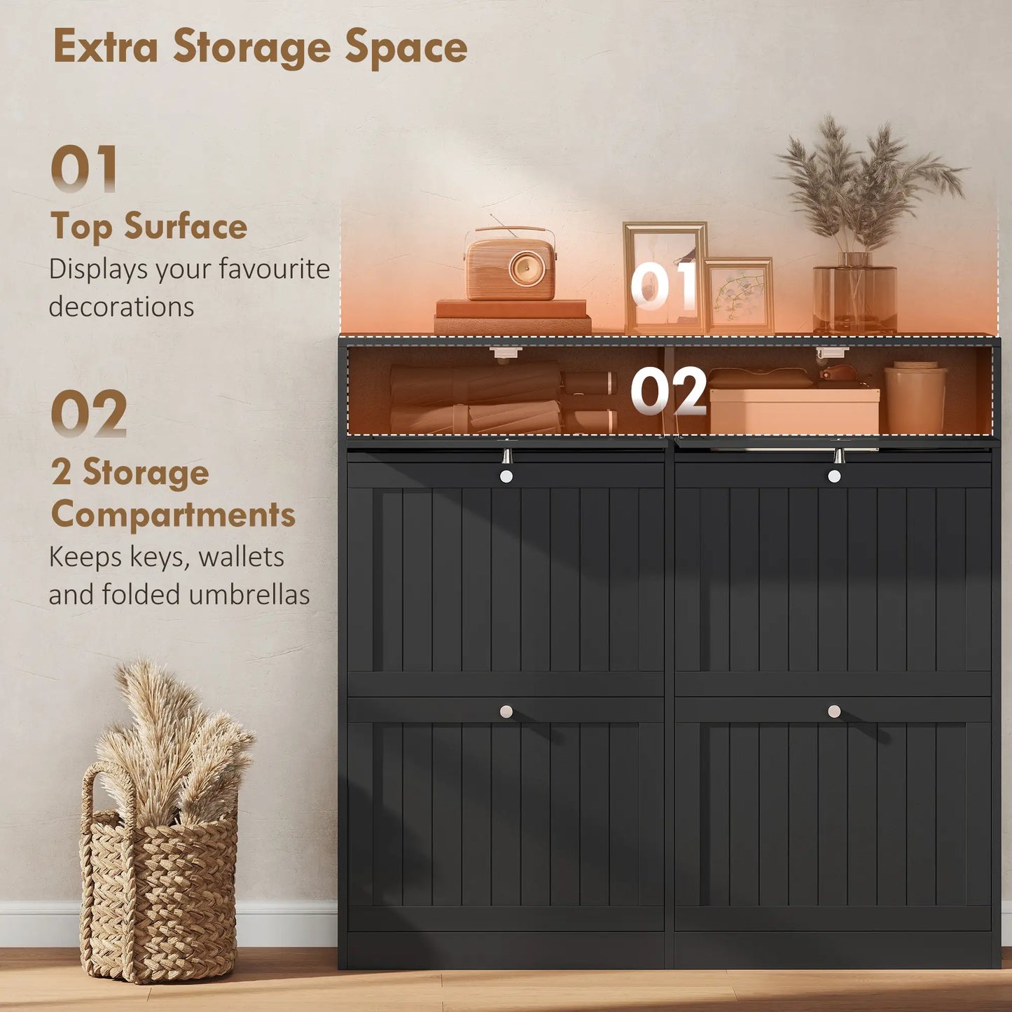 Shoe Cabinet With 2 Large Flip Drawers, Farmhouse Narrow, Black Shoe Storage Cabinets & Racks at Gallery Canada