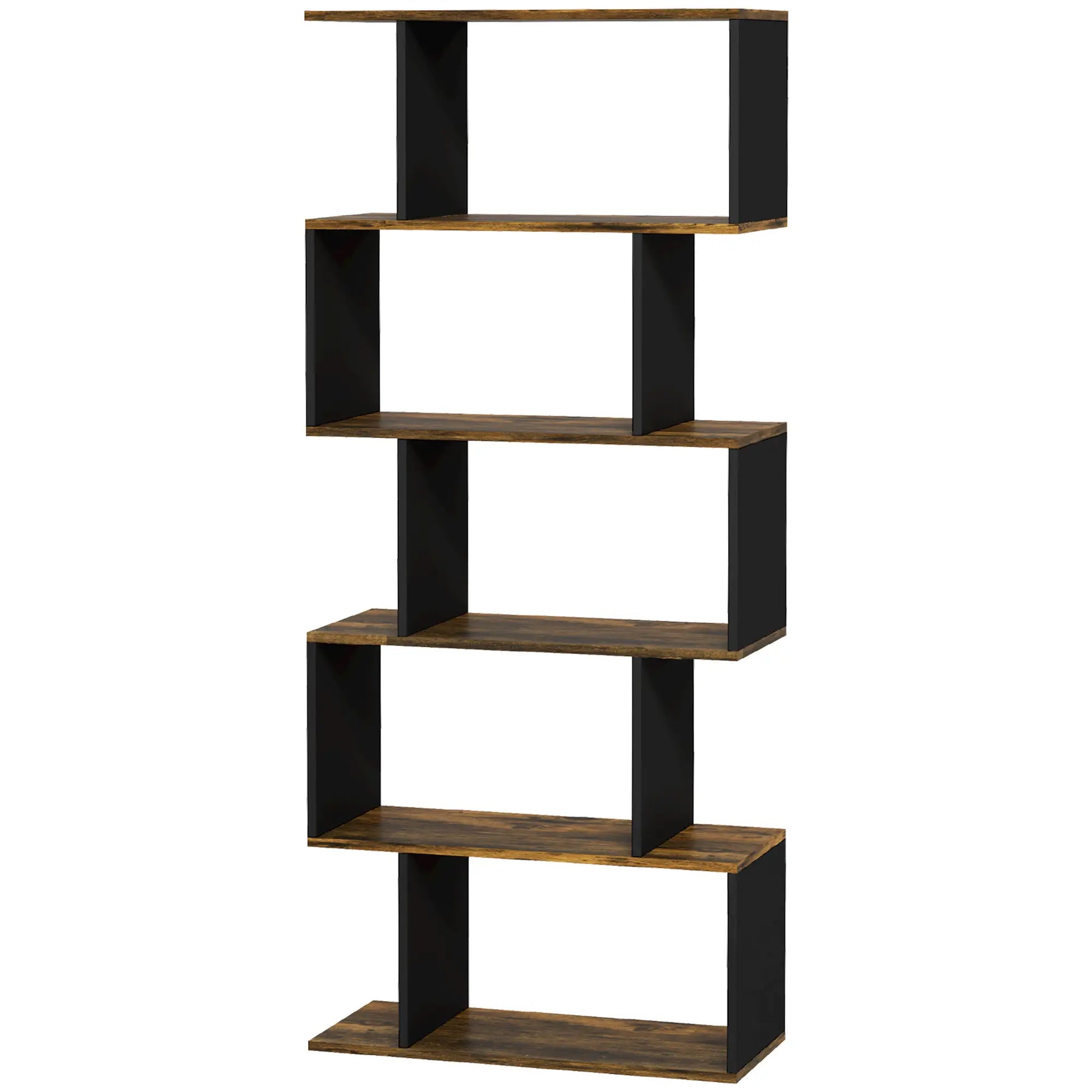 5 Tier Geometric S Shaped Bookcase, Tall Narrow Display Shelf, Rustic Brown Display Bookshelves Rustic Brown, Black at Gallery Canada