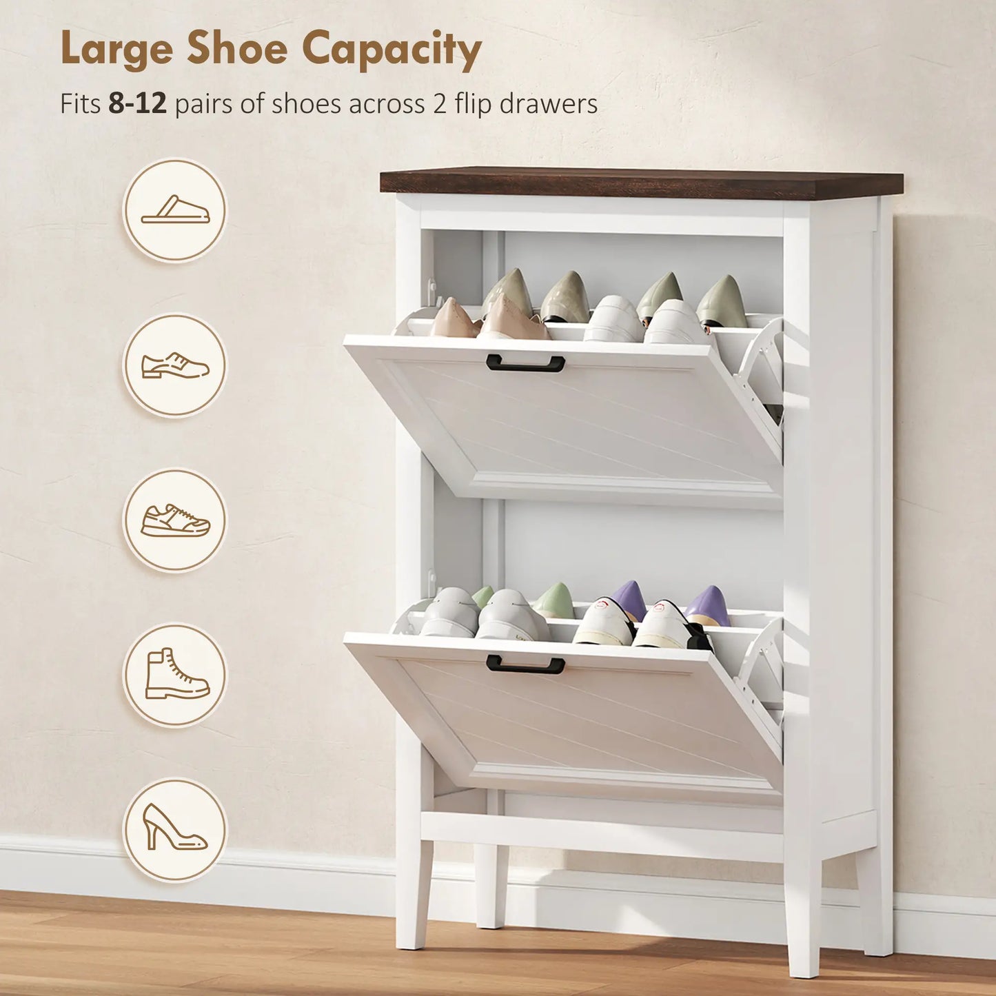 Shoe Cabinet with 2 Flip Drawers, Farmhouse Narrow Shoe Storage Cabinet with Adjustable Shelves, White Shoe Storage Cabinets & Racks at Gallery Canada