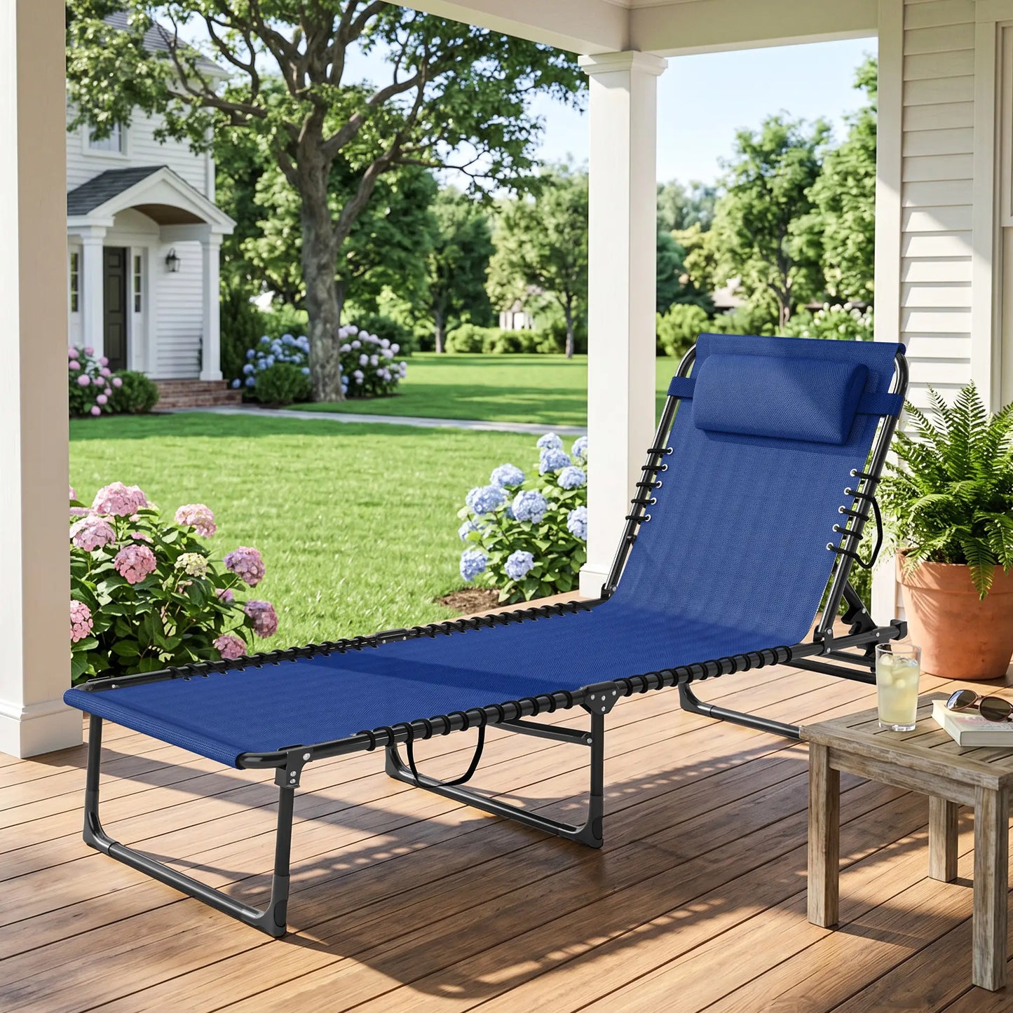 Outdoor Folding Lounge Chair, 4-Level Adjustable, Navy Blue Lounger Chairs at Gallery Canada