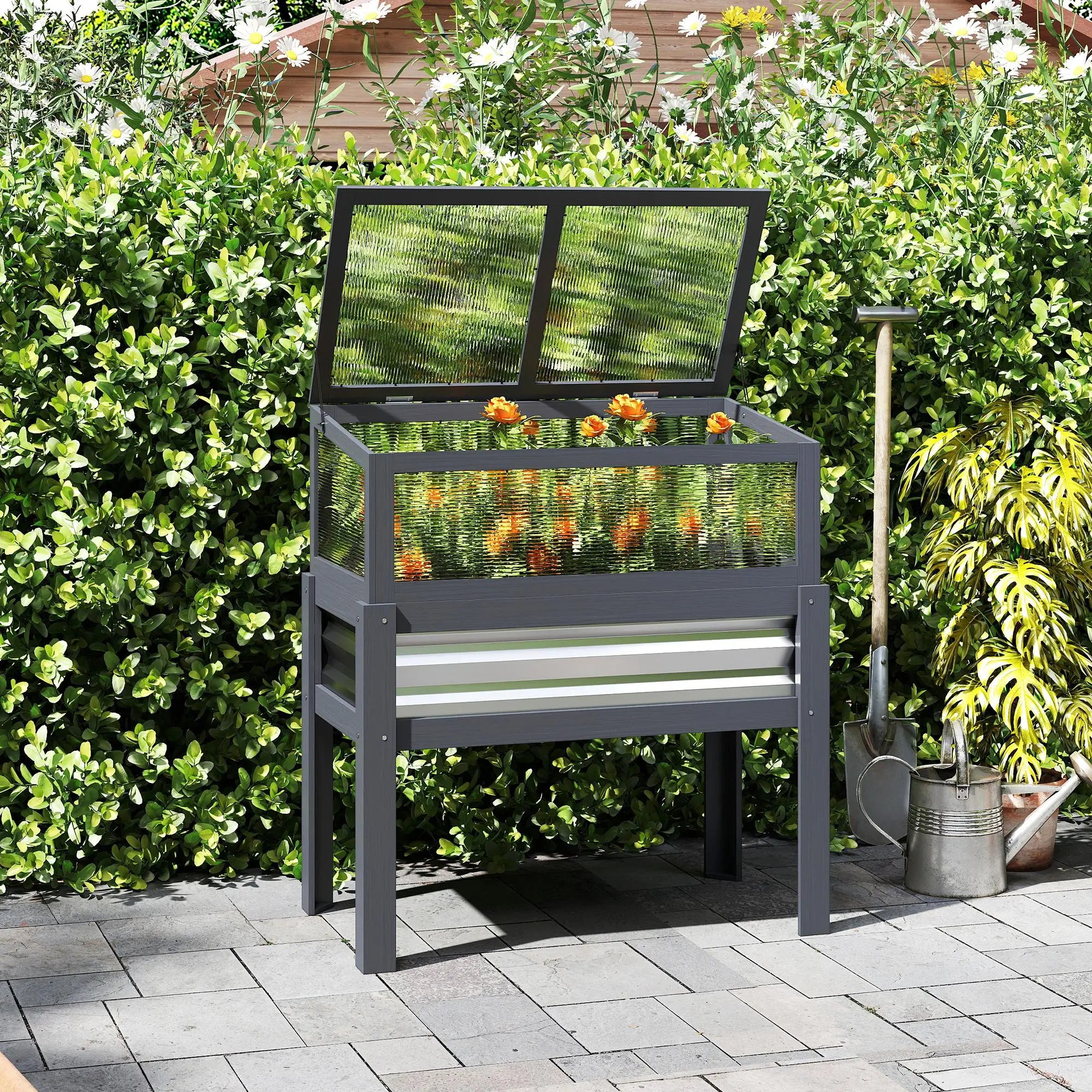 Raised Garden Bed With Greenhouse Top, Wooden Elevated Planter, Grey Elevated Garden Beds at Gallery Canada