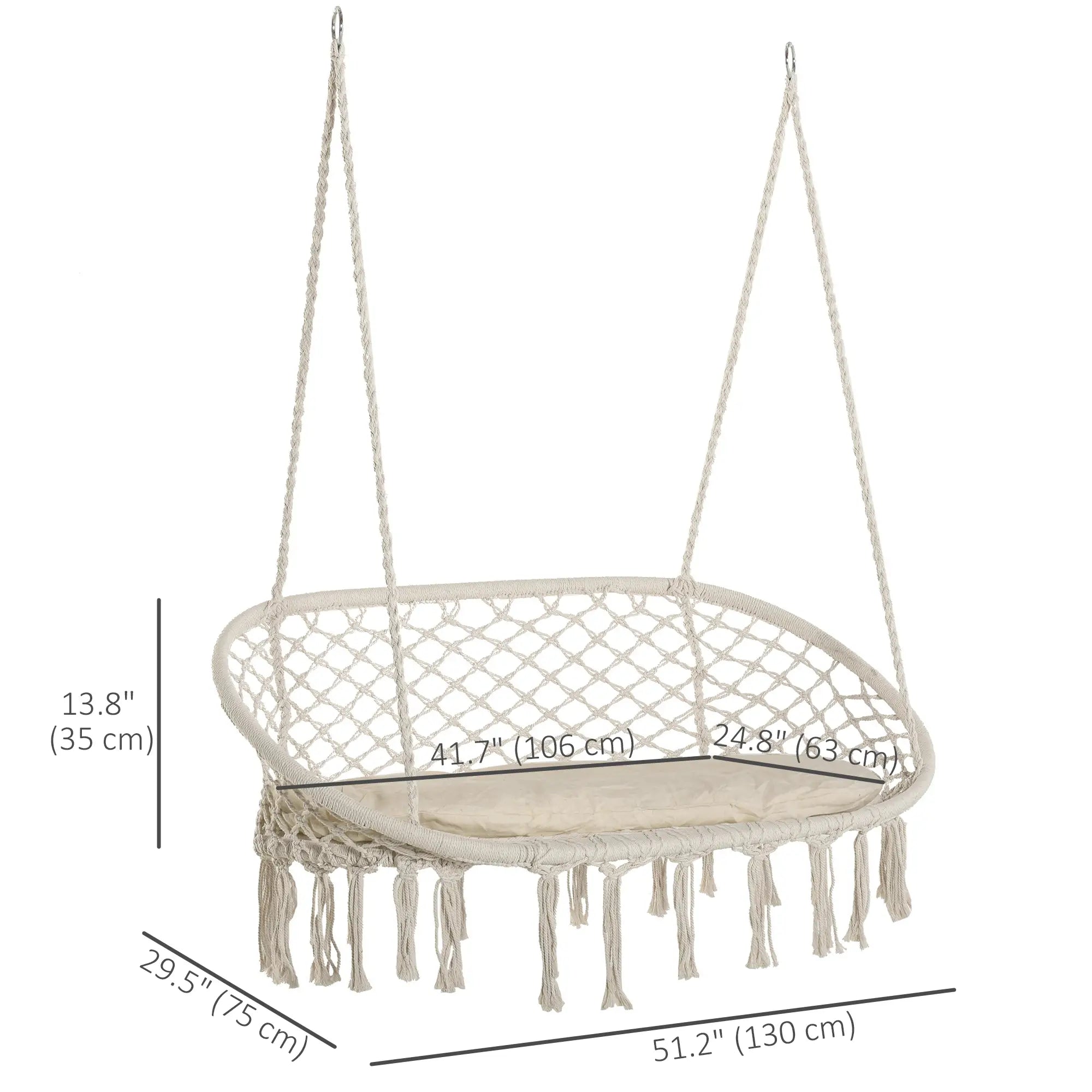 Hammock Chair, 2 Seat, Hanging Rope Swing with Cushion, Large, Cream White Patio Swings with Stand at Gallery Canada