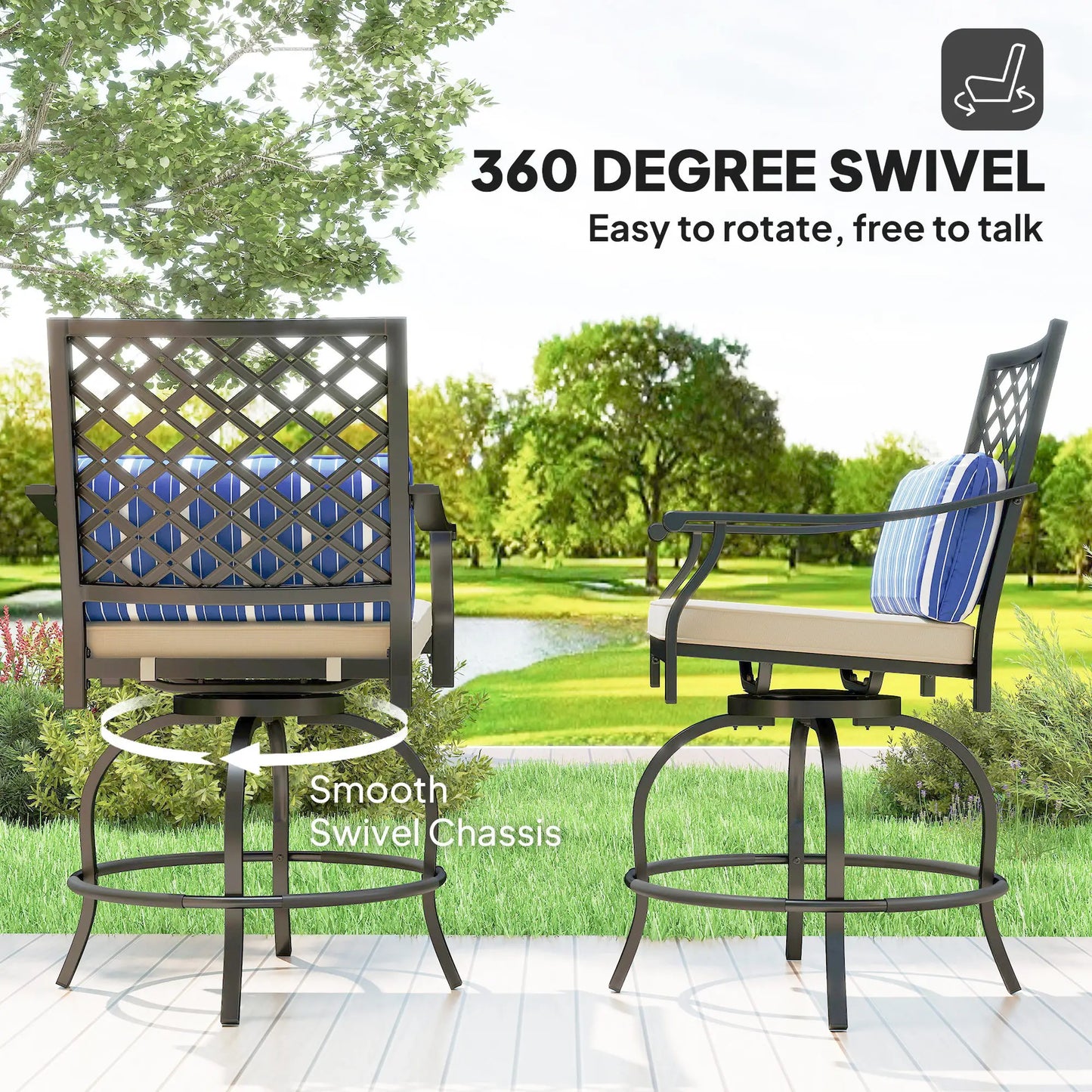 Outdoor Bar Stools Set of 2, Swivel Patio Chairs with Cushion