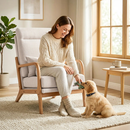 Modern Accent Chair, Linen Armchair with Lumbar Pillow, High Back, Wide Seat, Thick Cushion, Solid Wood Frame, Cream White Accent Chairs at Gallery Canada