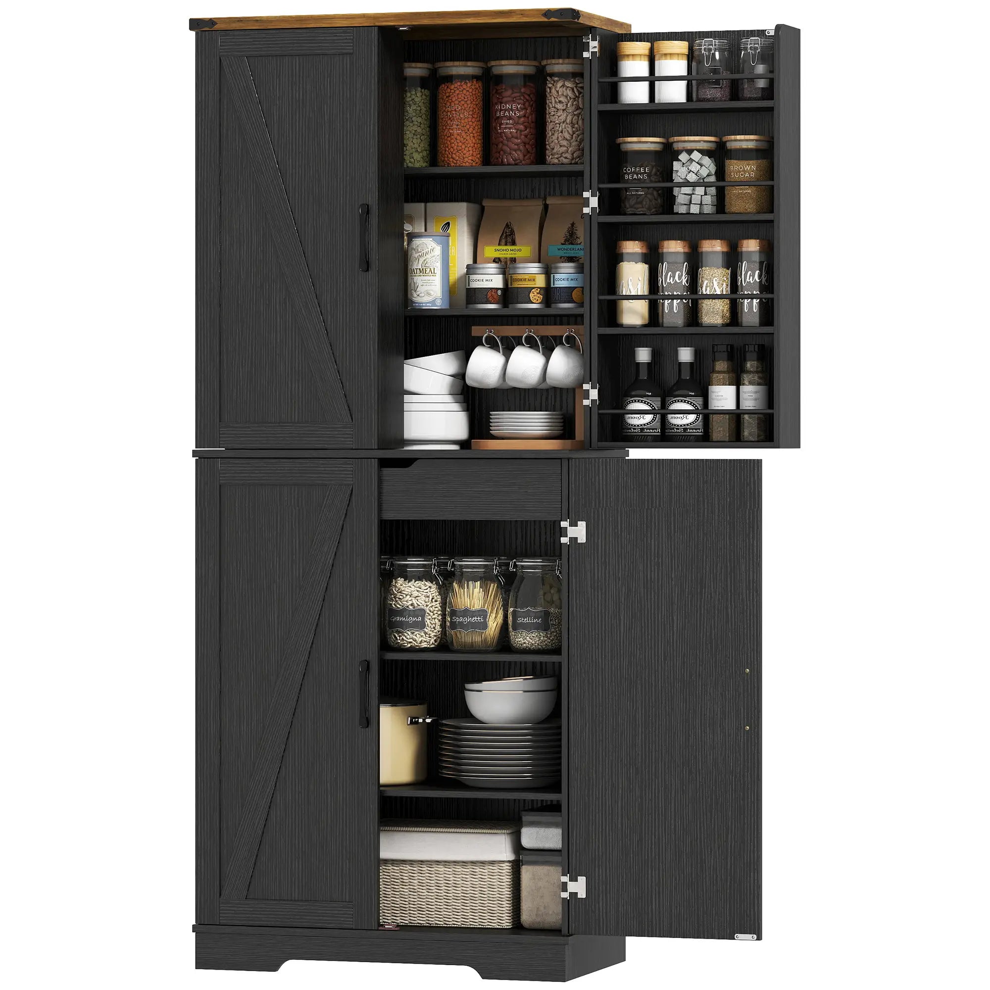 72 Inch Kitchen Pantry Cabinet, 4 Doors, Drawer, Shelves, Black Kitchen Pantry Cabinets Black at Gallery Canada