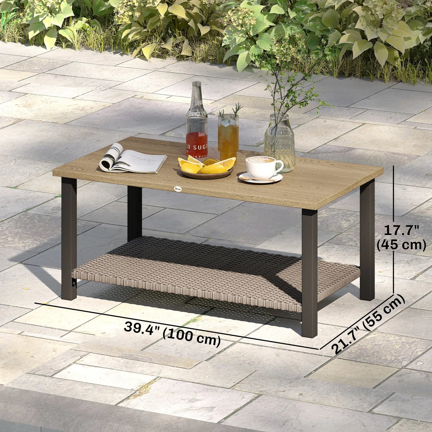 2-Tier Rectangle Outdoor Coffee Table, Wood-Effect Metal Top, Wicker Shelf, Brown Patio Side Tables at Gallery Canada