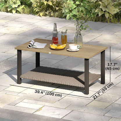 2-Tier Rectangle Outdoor Coffee Table, Wood-Effect Metal Top, Wicker Shelf, Brown Patio Side Tables at Gallery Canada