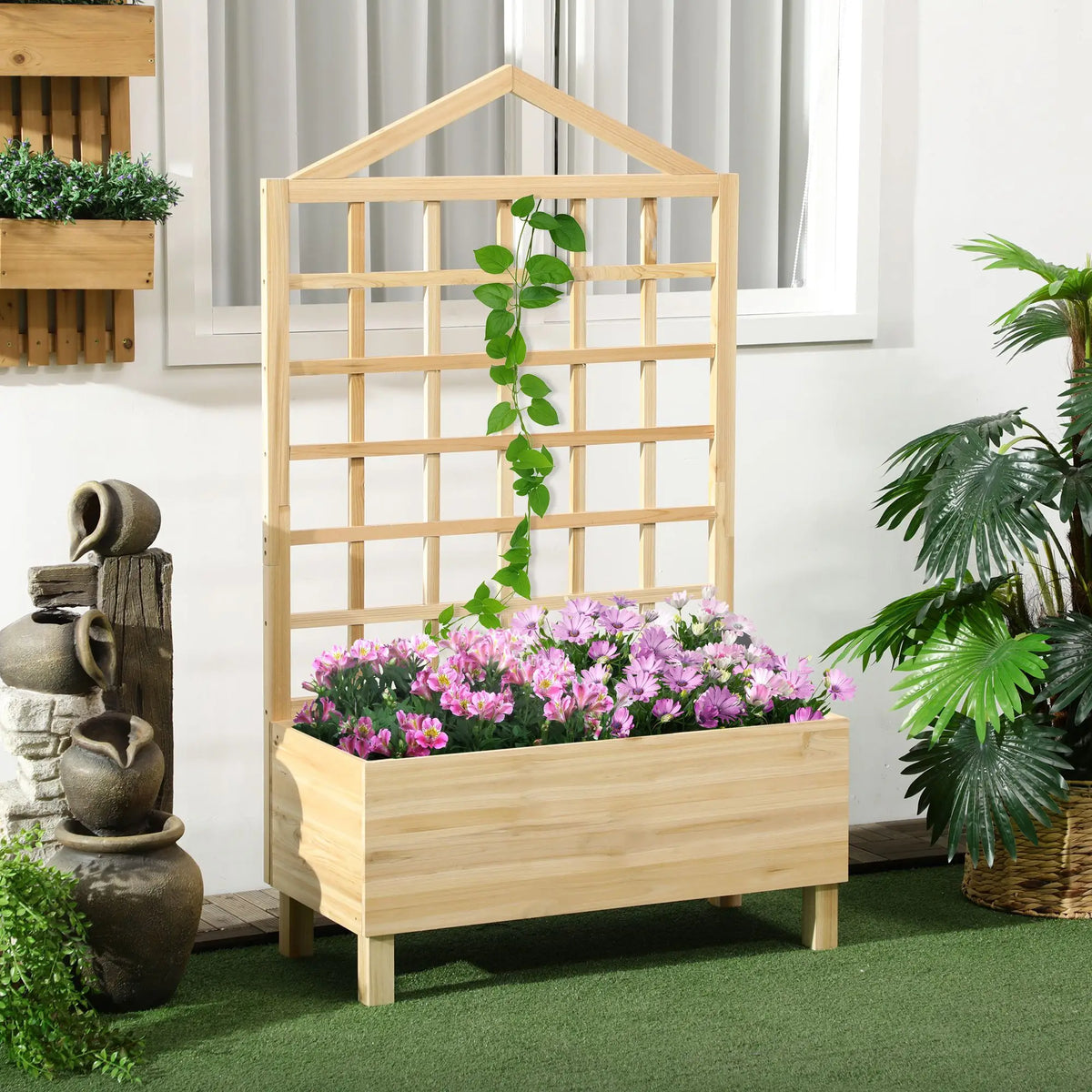 Distressed Wood Planter Box with Trellis, Raised Garden Bed, Natural Wooden Planter Boxes at Gallery Canada