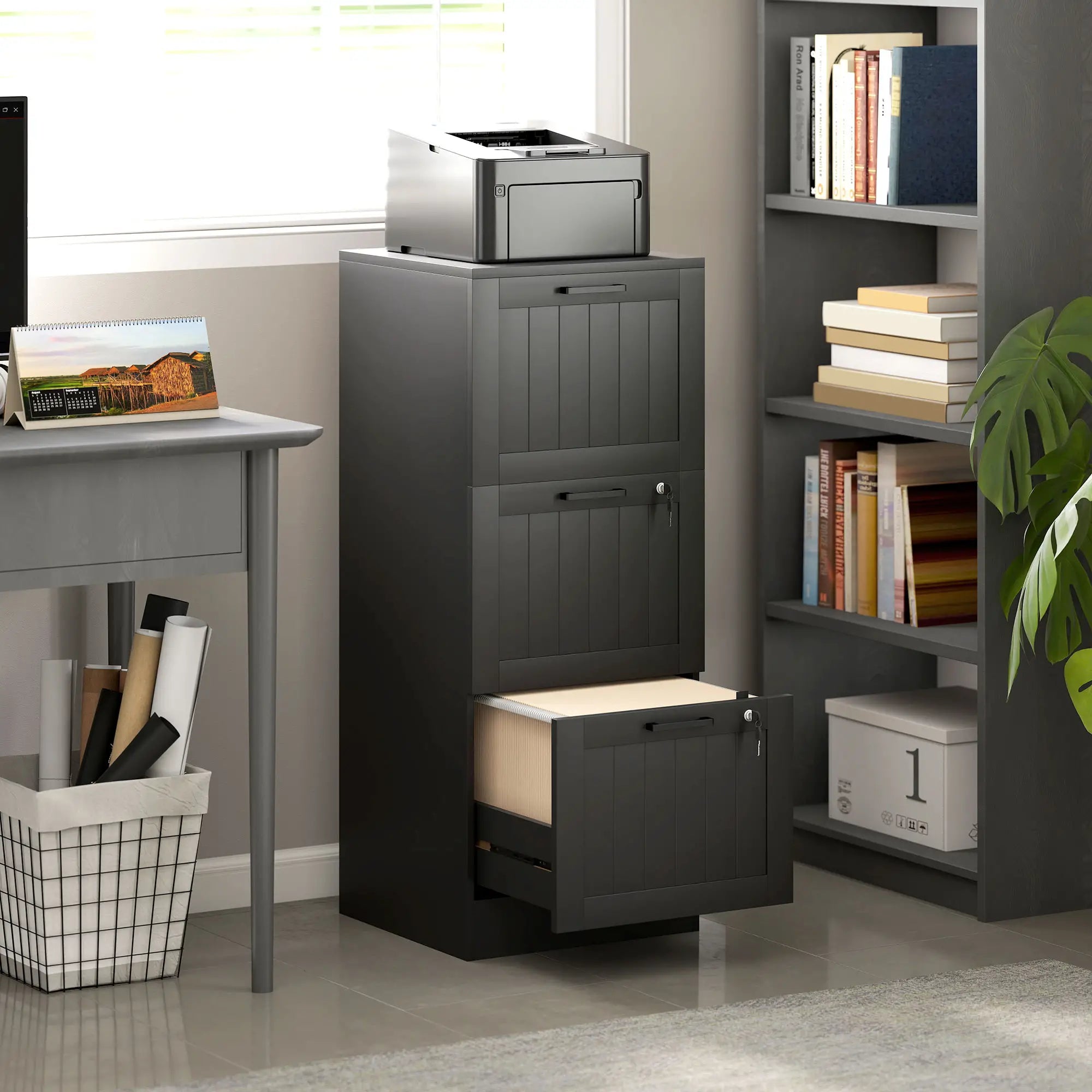 3 Drawer Filing Cabinet with Lock, Adjustable Hanging Bars, Black Office Cabinets & Cupboards at Gallery Canada