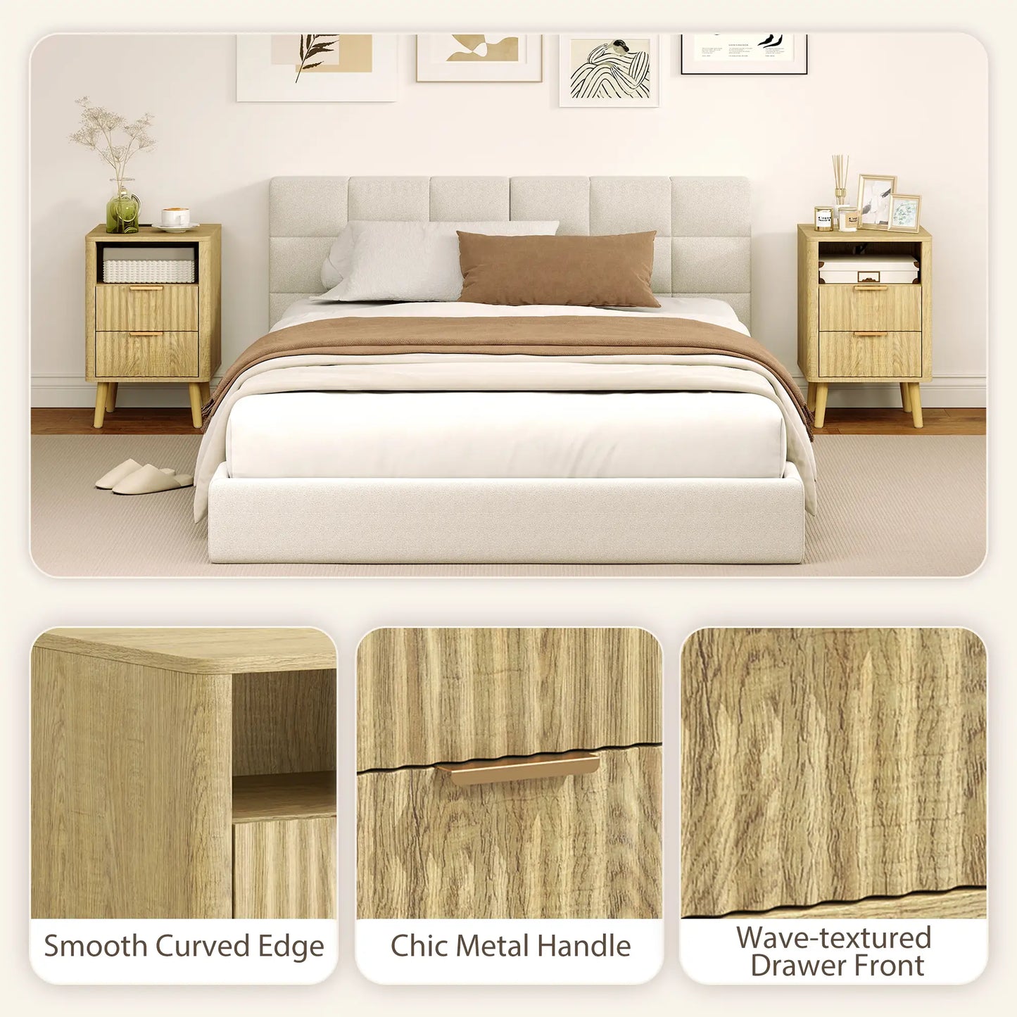 Modern Nightstands Set Of 2, Charging Station, 2 Drawers, Open Shelf, Oak Bedside Tables at Gallery Canada