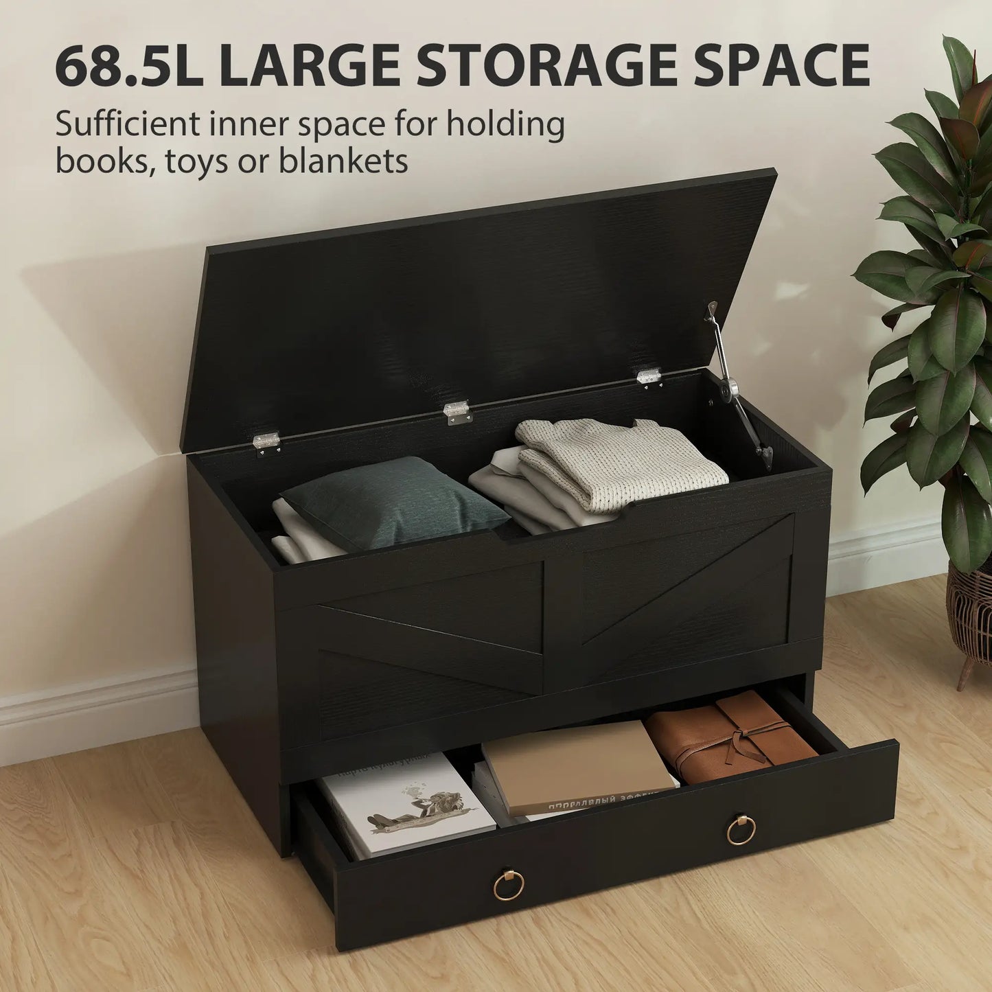 31.5 Inches Storage Chest, Wooden Box, Black Wood Grain, Black Storage Cabinets at Gallery Canada