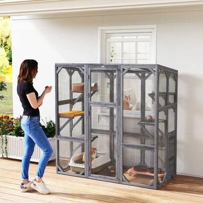 Outdoor Cat Enclosure, 6 Jumping Platforms, Weatherproof Roof, Large Door, 59" x 28" x 60", Grey Outdoor Cat Enclosures at Gallery Canada