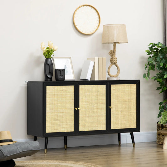 Kitchen Sideboard Cabinet, Boho Storage Cabinet with Shelves, Wood Legs, Decorative Rattan Doors, Black Bar Cabinets Black, Natural at Gallery Canada