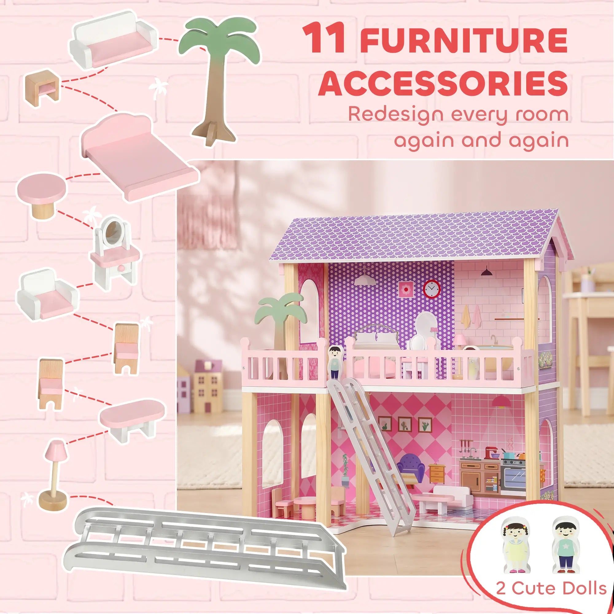 Qaba Wooden Doll House for Girls with 5 Rooms, Dolls, Furniture, DIY Pretend Dollhouse Playset, Gift for Kids Ages 3-6, Pink Play Houses at Gallery Canada