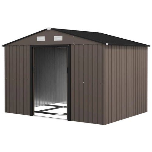 9.1'x6.4'x6.3' Garden Storage Shed, Foundation Kit, Metal Tool House, Double Doors, Brown