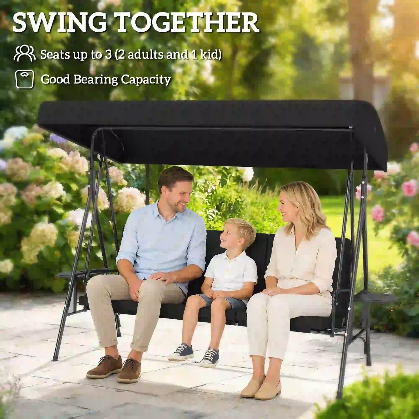 3-Seat Outdoor Swing With Adjustable Canopy, Side Tray, Black Patio Swings with Stand at Gallery Canada
