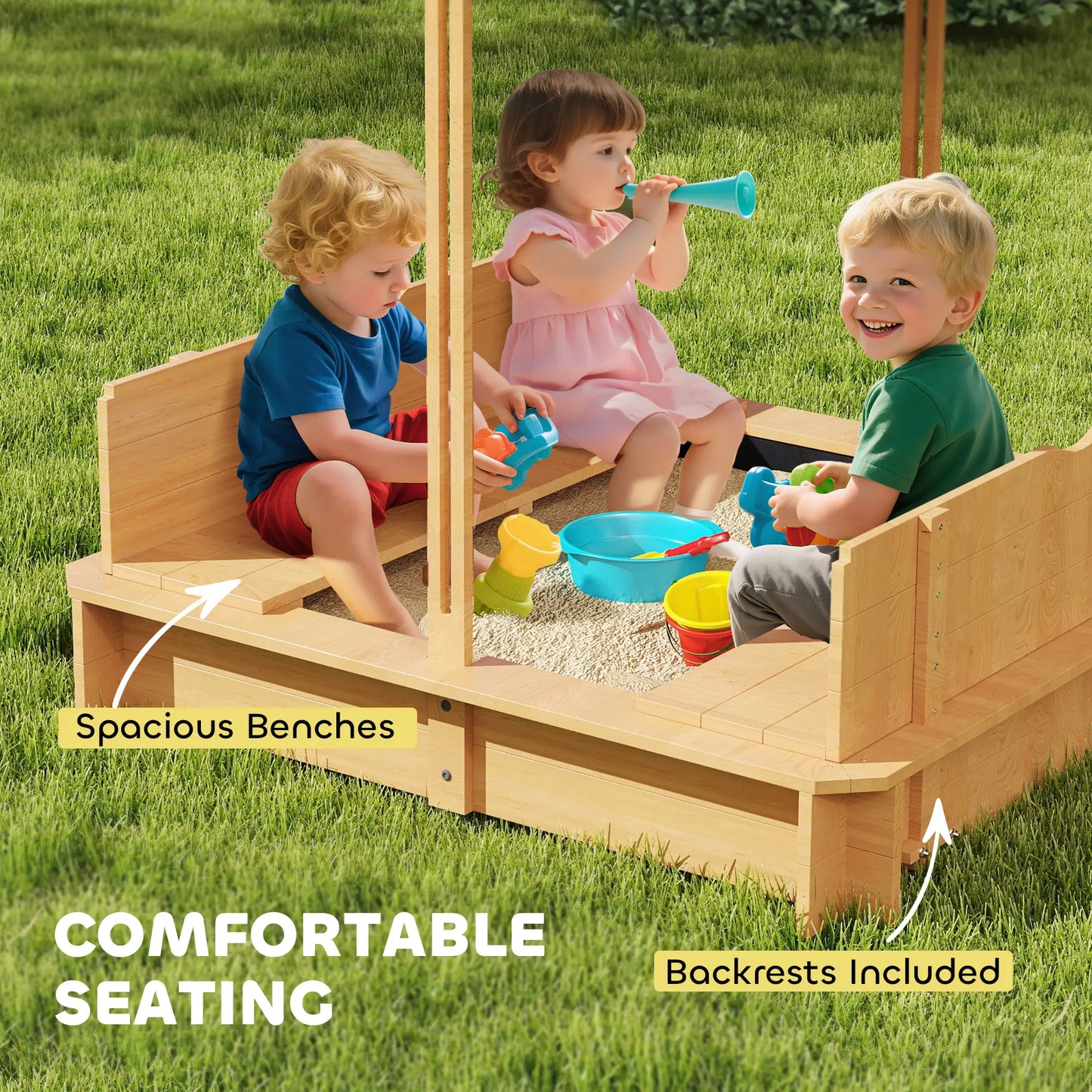 Wooden Kids Sandbox with Cover, Foldable Bench Seats, Adjustable Canopy, Light Brown Sandboxes & Accessories at Gallery Canada