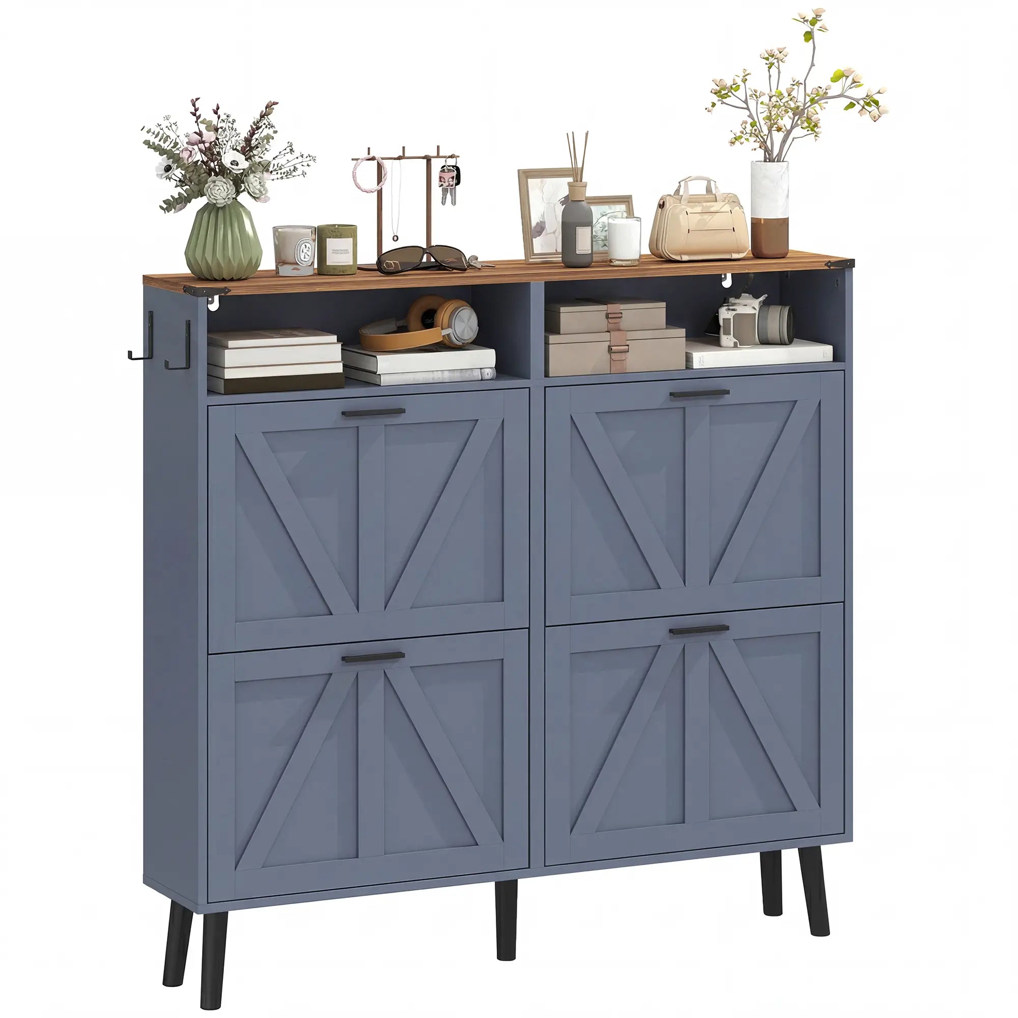 Shoe Storage Cabinet, 4 Flip Drawers, Farmhouse Narrow, Holds 24 Pairs, Blue Shoe Storage Cabinets & Racks Blue, Brown, Black at Gallery Canada