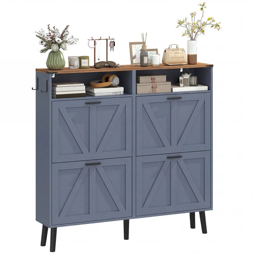 Shoe Storage Cabinet, 4 Flip Drawers, Farmhouse Narrow, Holds 24 Pairs, Blue