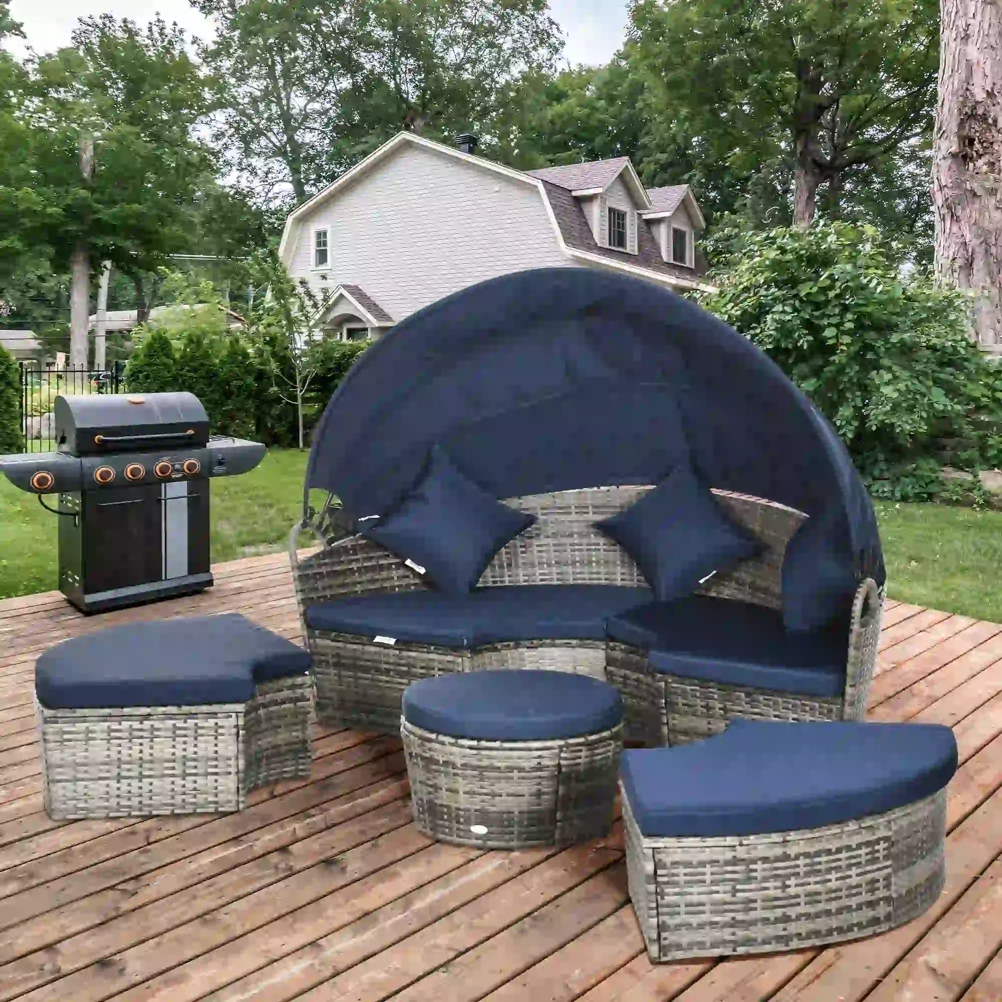 Outdoor Daybed with Retractable Canopy, PE Rattan Wicker Round Sofa, Dark Blue Daybeds at Gallery Canada