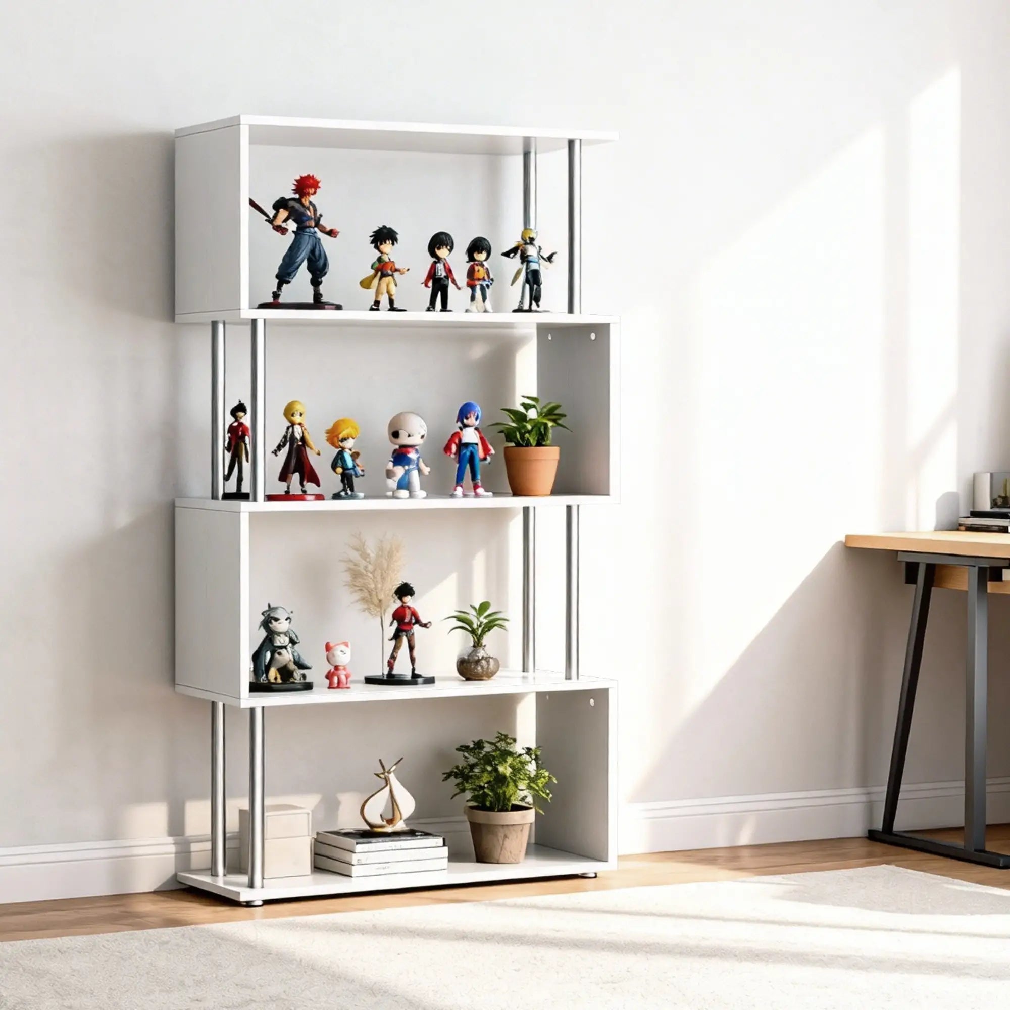5-Tier Geometric Wooden Bookcase, S-Shaped Storage, White Display Bookshelves at Gallery Canada