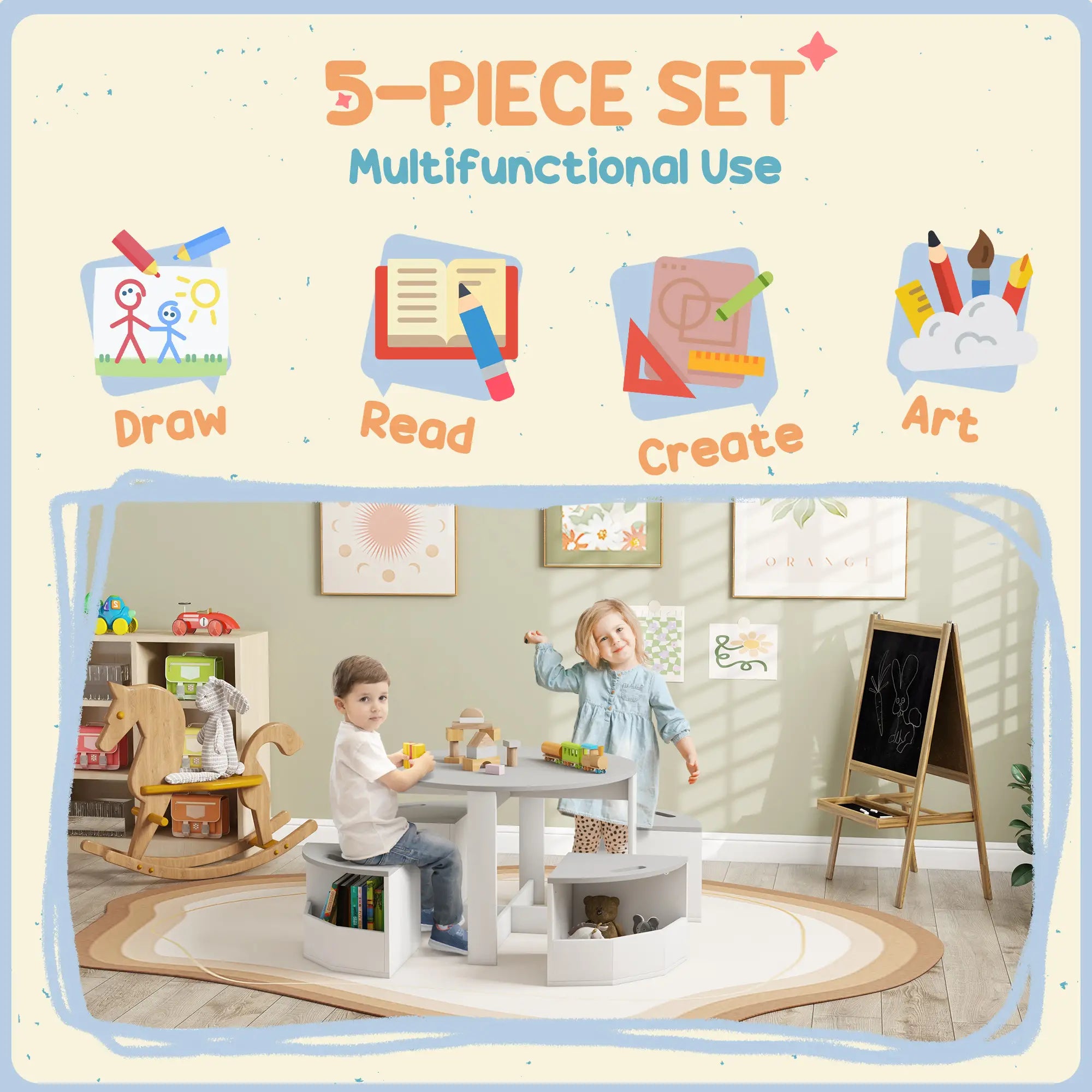 5 Piece Kids Table and Chair Set, with Storage, Grey Kids Table Sets at Gallery Canada