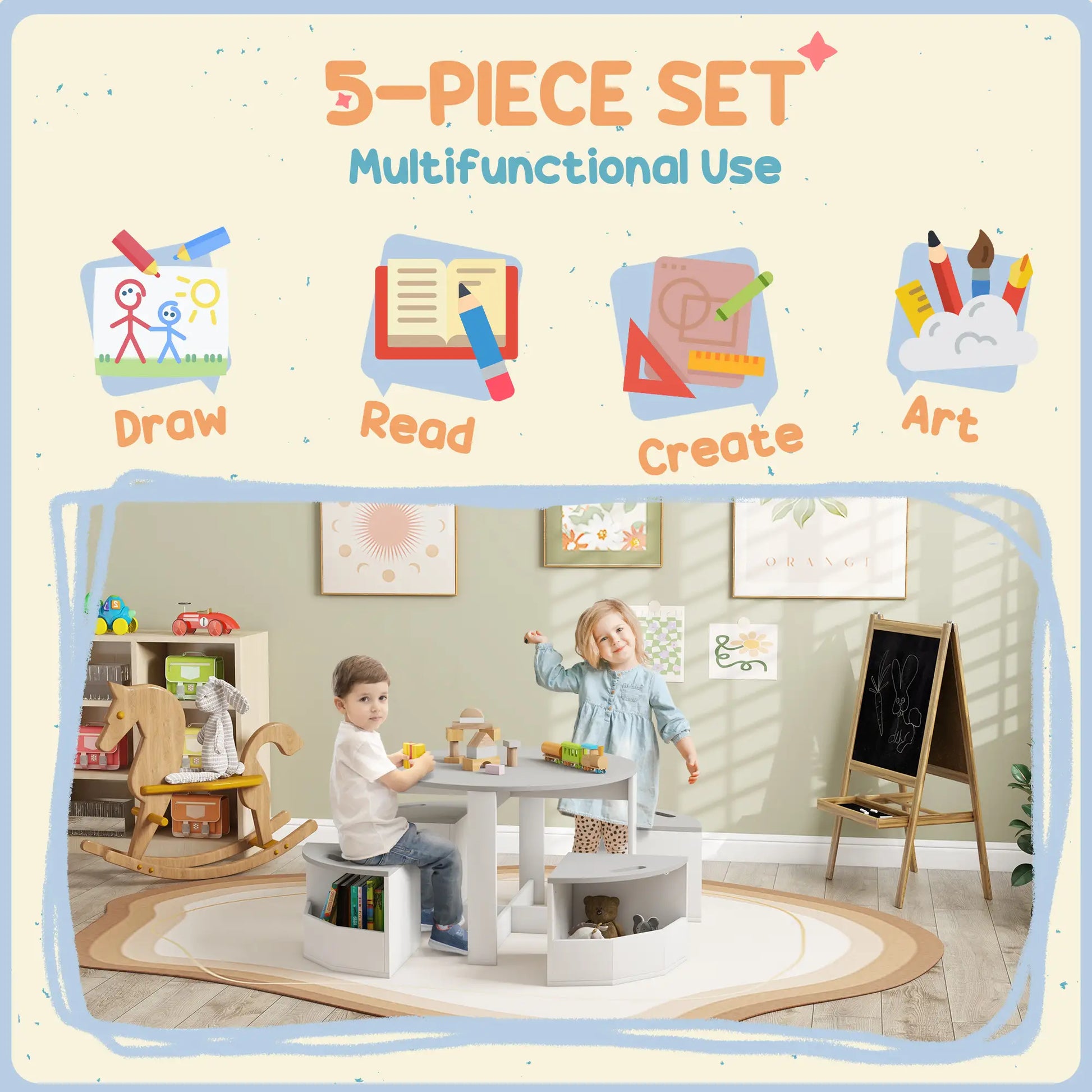 5 Piece Kids Table and Chair Set, with Storage, Grey Kids Table Sets at Gallery Canada