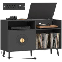 Record Player Stand with Outlets, Vinyl Storage Holds 300 Albums, Black