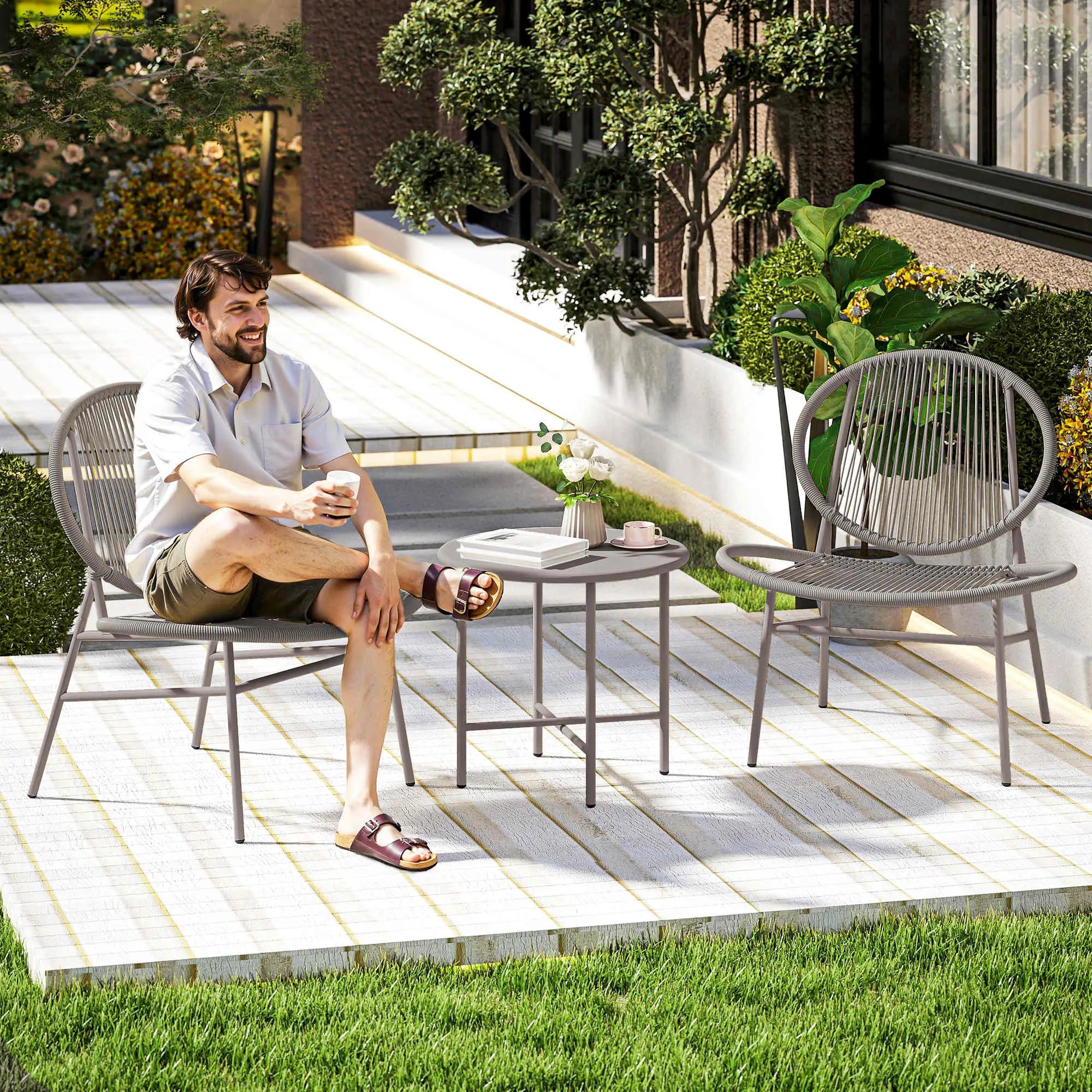 Rattan Bistro Set, 3 Piece Wicker Patio Furniture, Light Grey Bistro Sets at Gallery Canada