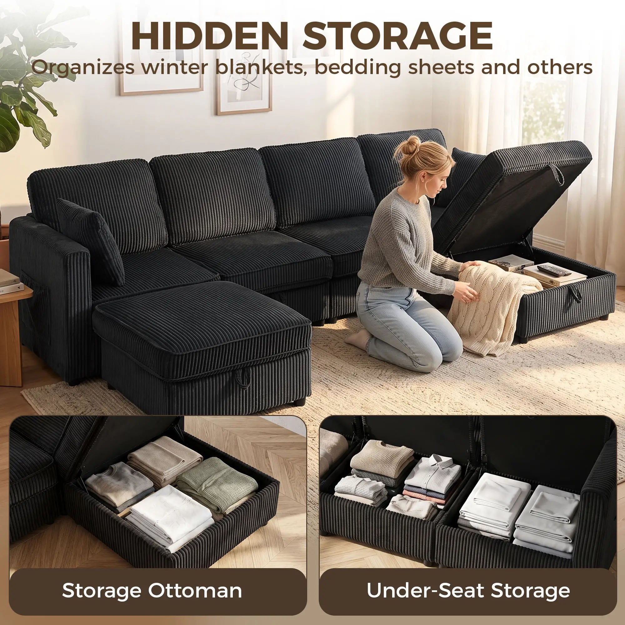 Modular U-Shaped Corduroy Sofa, Dual Storage Ottoman, 4 Pillows, Dark Grey L Shaped Couchs at Gallery Canada