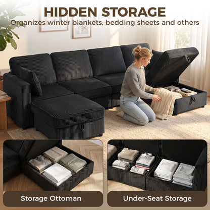 Modular U-Shaped Corduroy Sofa, Dual Storage Ottoman, 4 Pillows, Dark Grey L Shaped Couchs at Gallery Canada