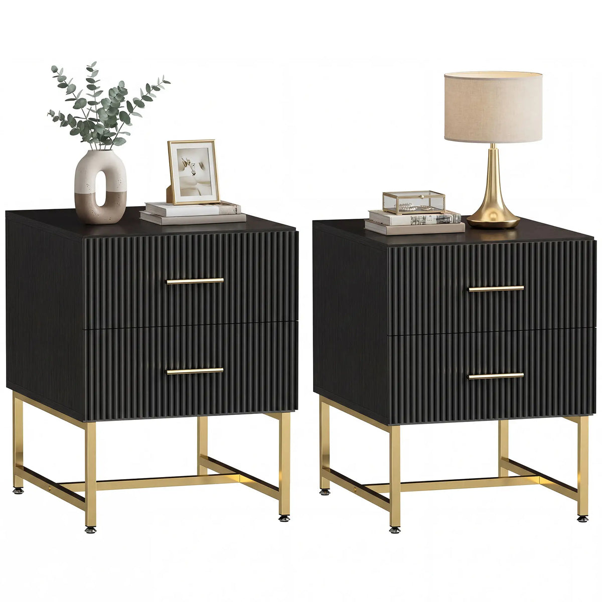 Modern Nightstands With Storage, 2 Fluted Drawers, Gold Legs, Black Bedside Tables at Gallery Canada