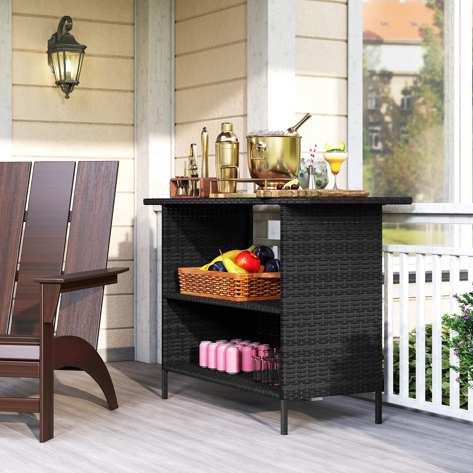 PE Rattan Outdoor Bar Table, 2 Shelves, Black Patio Side Tables at Gallery Canada
