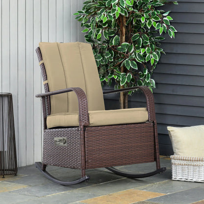 Outdoor Wicker Rocking Chair, PE Rattan Recliner with Cushion, Adjustable Footrest, Khaki Outdoor Rocking Chairs at Gallery Canada