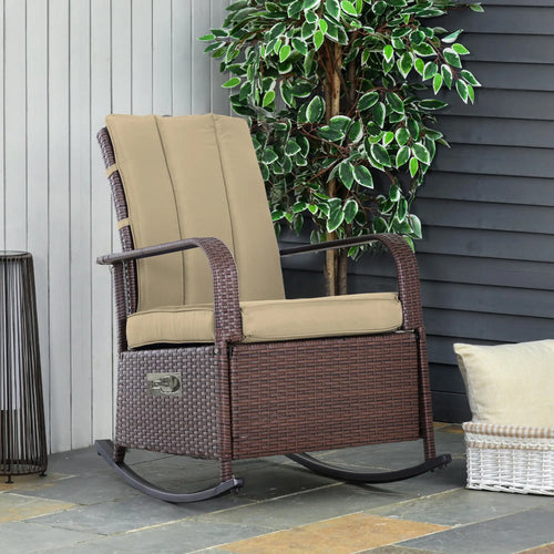 Outdoor Wicker Rocking Chair, PE Rattan Recliner with Cushion, Adjustable Footrest, Khaki