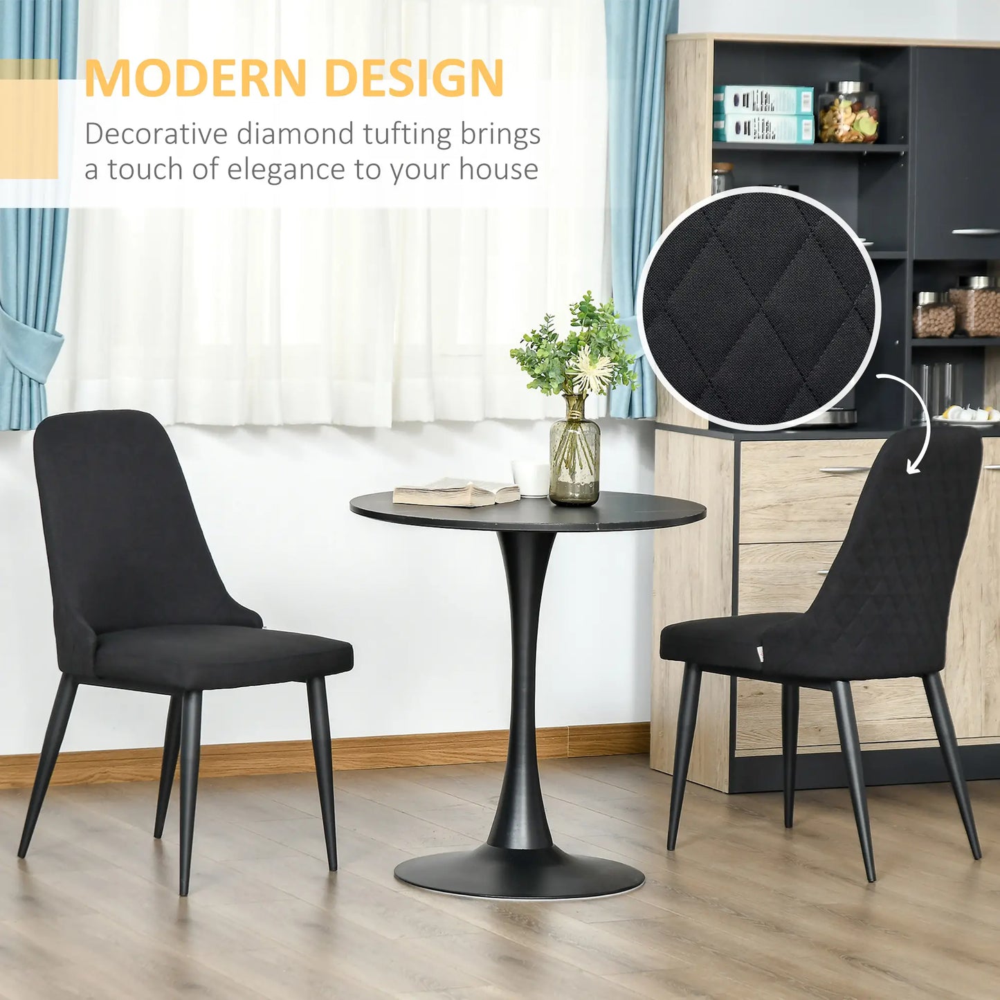 Modern Dining Chair Set of 2, Fabric Upholstered, Metal Legs, Black Bar Stools at Gallery Canada