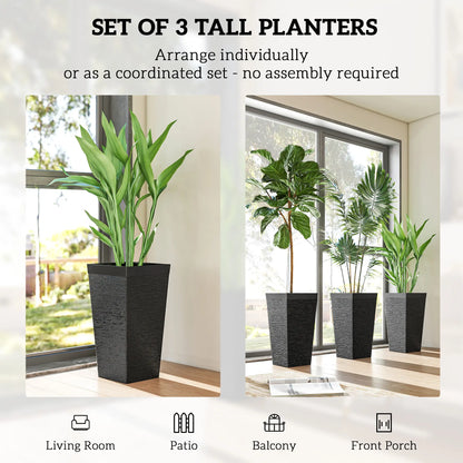 22.8" Tall Planters Set of 3, Stone Finish, Wheels, Drainage, Black Garden Accessories at Gallery Canada