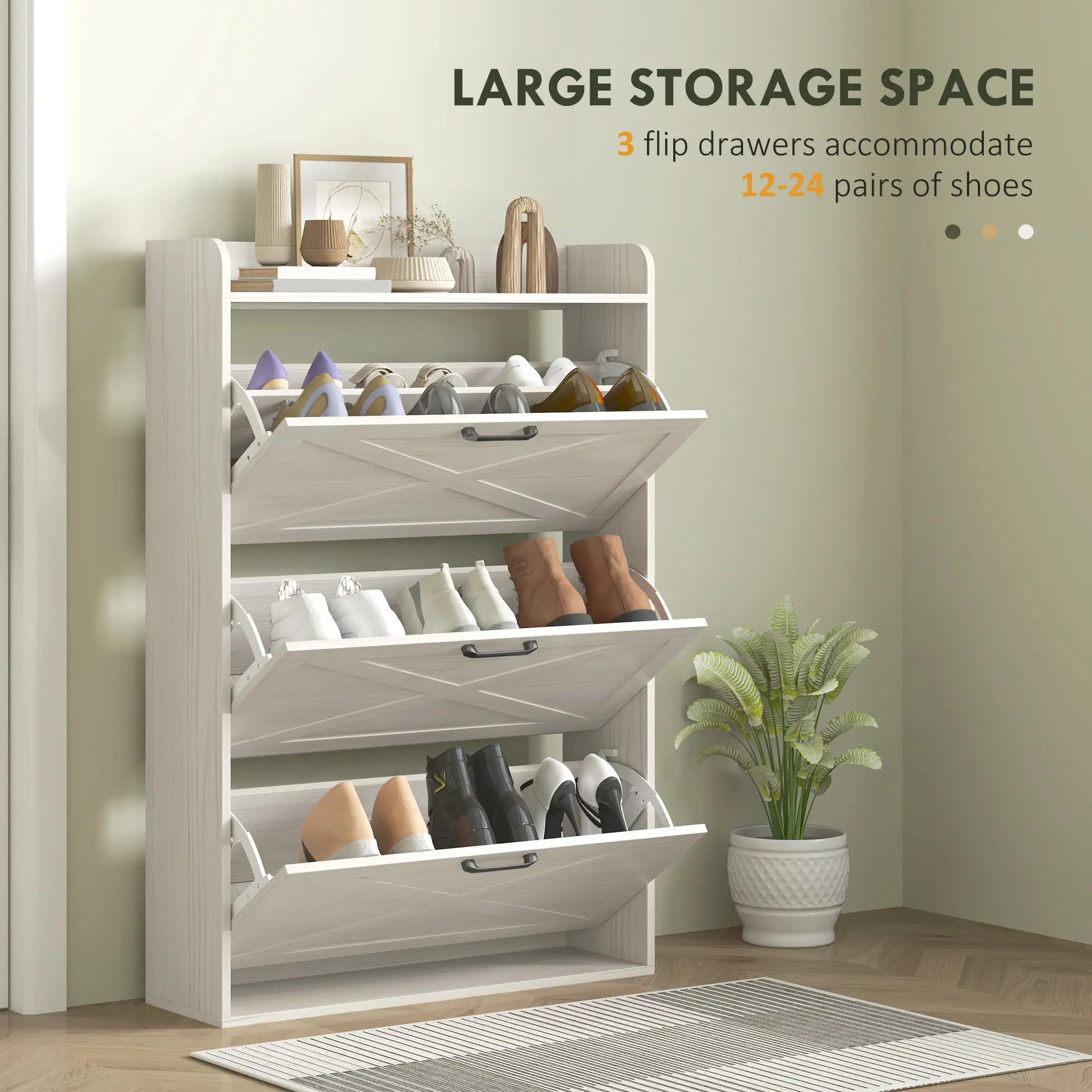 Narrow Shoe Storage Cabinet, 3 Flip Drawers, Adjustable Shelves, White Oak Shoe Storage Cabinets & Racks at Gallery Canada