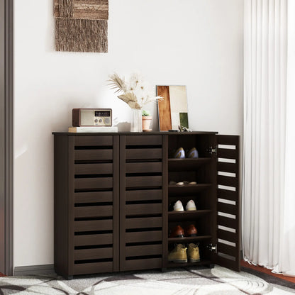 Narrow Shoe Cabinet, Slatted Doors, Adjustable Shelves, 20 Pairs, Dark Brown Shoe Storage Cabinets & Racks at Gallery Canada