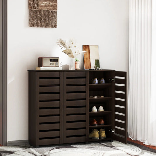 Narrow Shoe Cabinet, Slatted Doors, Adjustable Shelves, 20 Pairs, Dark Brown Shoe Storage Cabinets & Racks Dark Brown at Gallery Canada