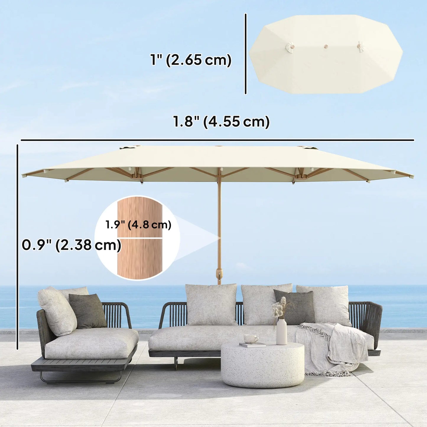 Double Garden Parasol, 179.1"W x 104.3"D, Crank, Steel Ribs, UV30+, Beige Double-sided Umbrellas at Gallery Canada