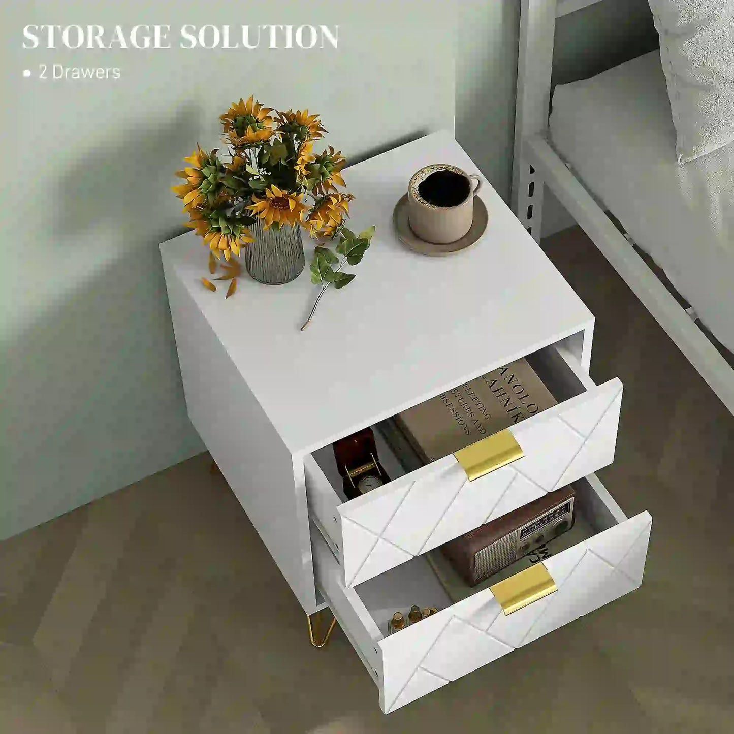 Modern Bedside Table, 2 Drawer Nightstand, White Bedside Tables at Gallery Canada