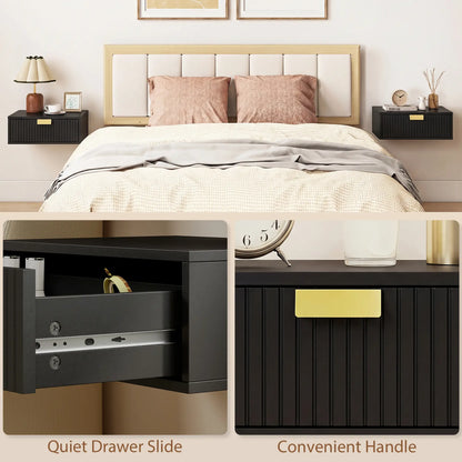 Modern Floating Nightstands, Set of 2, Wall Mounted, Wave Drawer, Black Bedside Tables at Gallery Canada