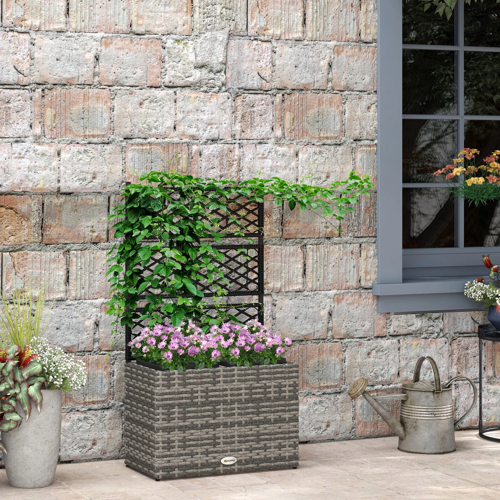 22L Raised Garden Box with Trellis, PE Rattan, Two Plant Boxes, Mixed Grey, Grey Elevated Garden Beds at Gallery Canada