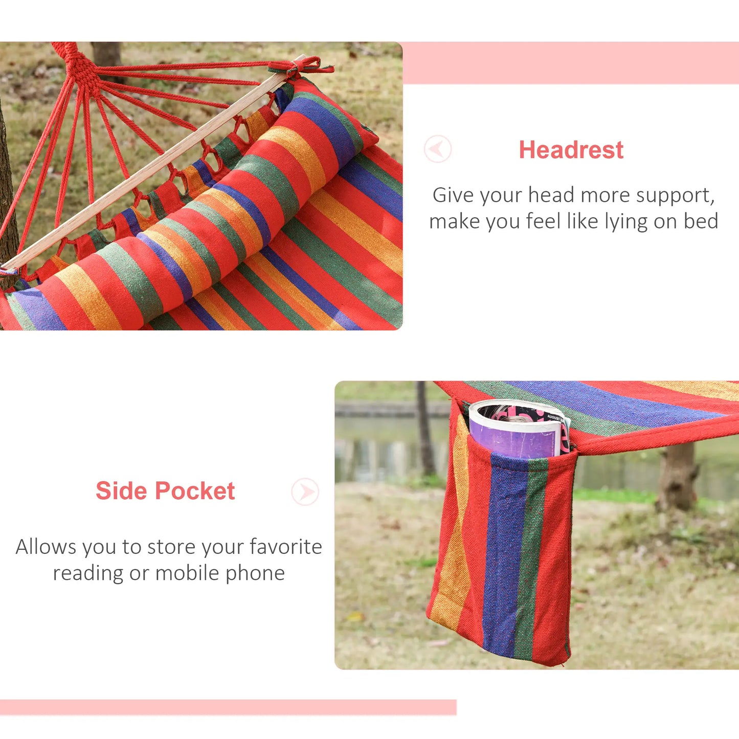 Portable Cotton Hammock Swing Chair, With Headrest And Side Pocket, Rainbow Stripes Camping Hammocks at Gallery Canada