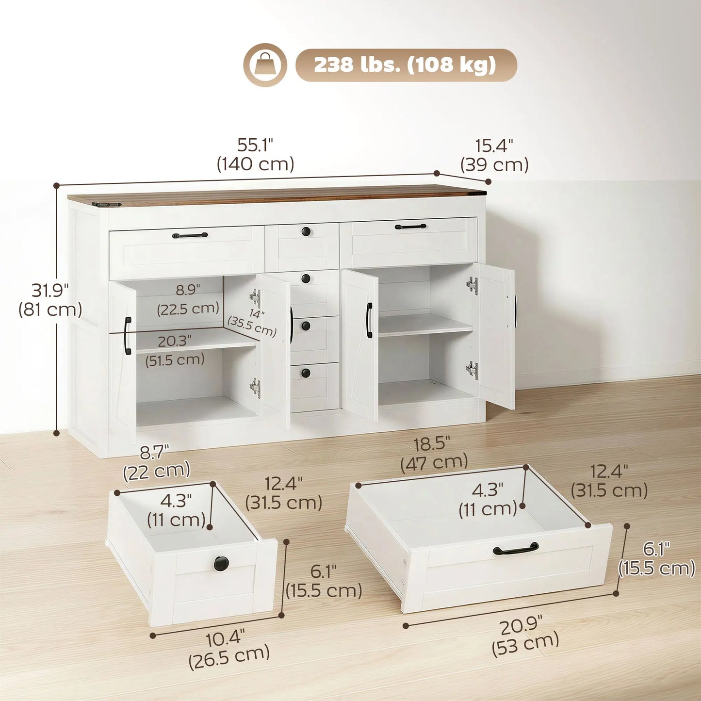 55" Sideboard Buffet Cabinet, Farmhouse Kitchen With Barn Doors, White Bar Cabinets at Gallery Canada