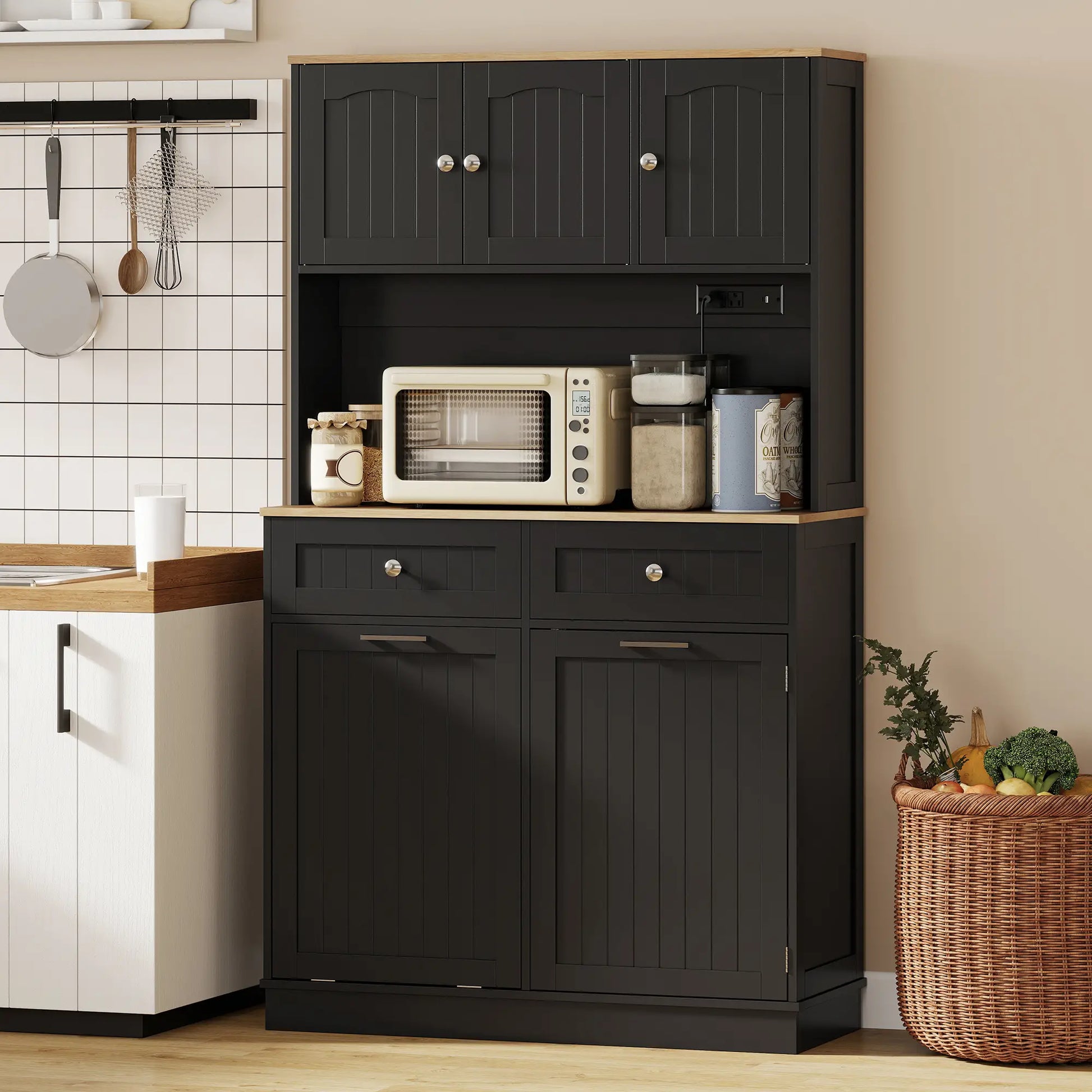 68 Inch Pantry Cabinet with Charging Station, Microwave Stand, Trash Can, Black Kitchen Pantry Cabinets at Gallery Canada