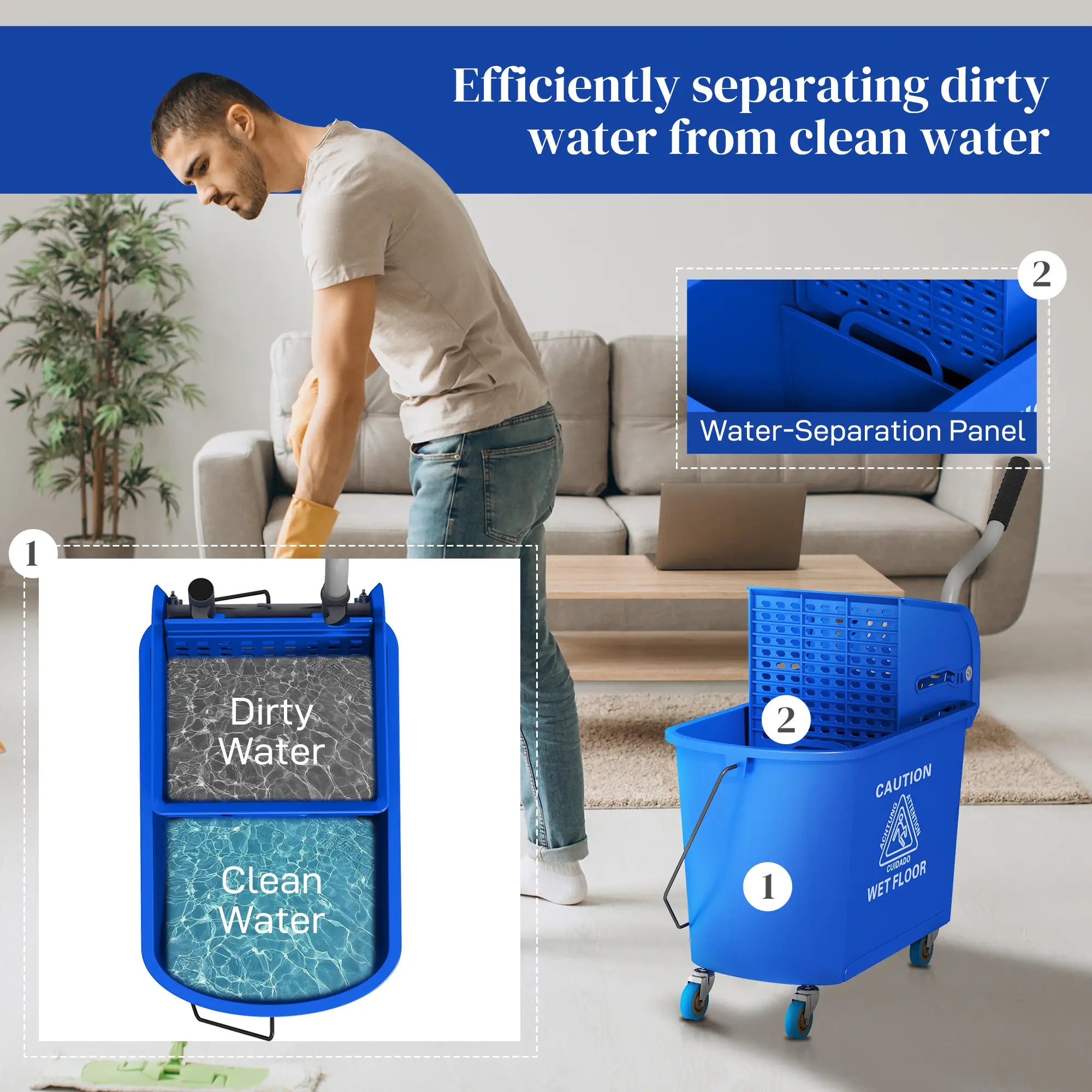 Compact Mop Bucket with Wringer, 5 Gallon, Separate Dirty Clean Water, Blue Household Supplies at Gallery Canada