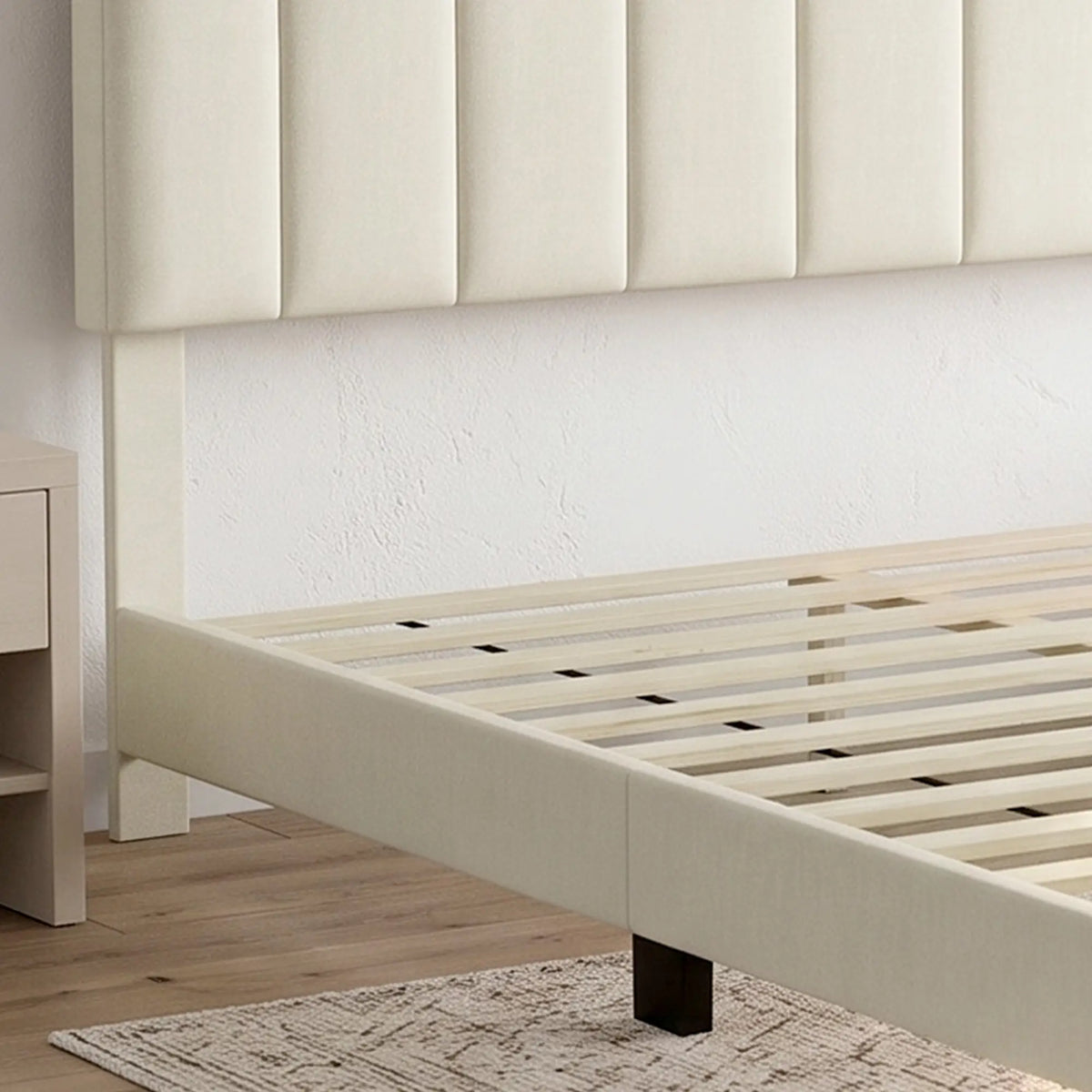Queen Size Bed Frame, Adjustable Headboard, Linen-Feel Upholstered, Beige